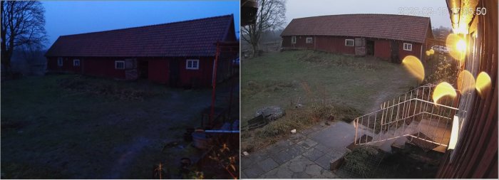 Jämförelse av två bilder på en lantgård vid skymning, vänster från en mobilkamera, höger med Dahua Starlight-kamera som visar klarare bild.