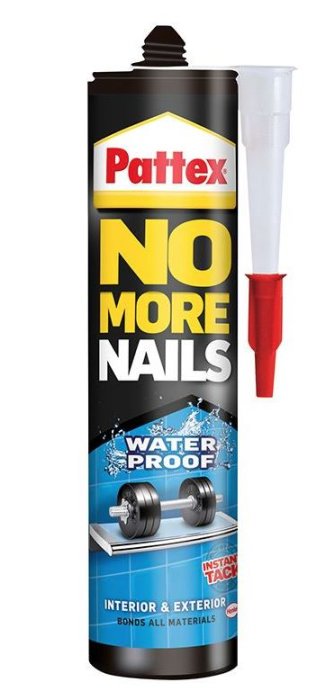 Pattex No More Nails vattentät limtub för inomhus- och utomhusbruk.