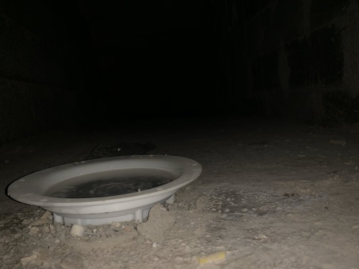Golvbrunn placerad i en ojämn betongyta i ett mörkt utrymme, förberedd för höjning och klinkerläggning i tvättstuga.