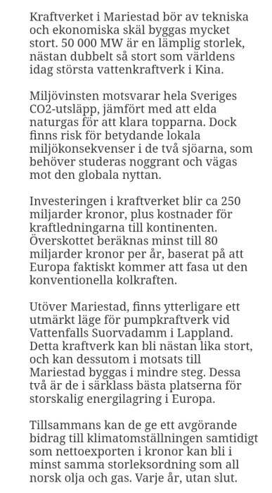 Skärmdump av en artikel som diskuterar ett potentiellt vattenkraftverk i Mariestad med ekonomiska och miljömässiga konsekvenser.