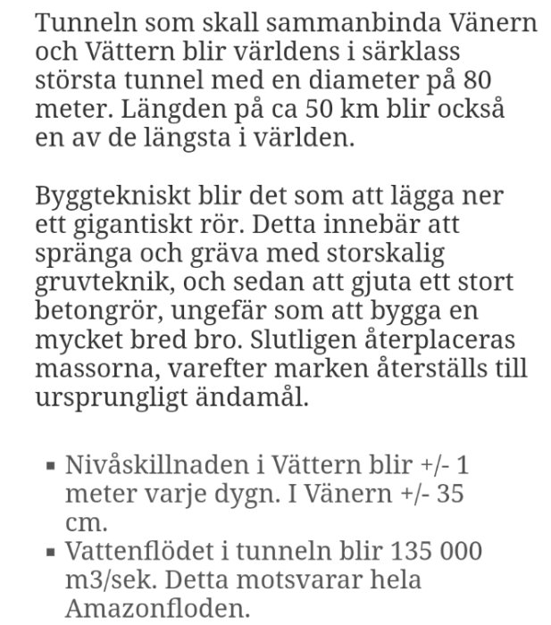 Textdokument som beskriver planer för en tunnel som ska sammanbinda Vänern och Vättern, med fakta om byggteknik och vattenflöde.