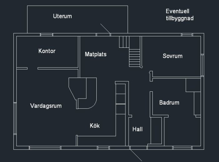 Planskiss av ett hus med rum betecknade som Uterum, Kontor, Matplats, Vardagsrum, Kök, Hall, Sovrum, Badrum och Eventuell tillbyggnad.