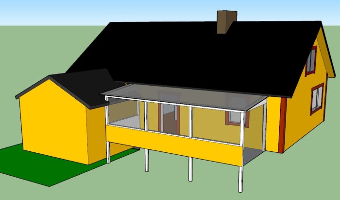 3D-modell av ett gult hus med svart tak och nedsänkt uterum på baksidan.