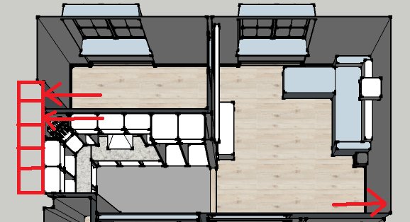 Planritning som visar position för tilluft i fönster för ventilation i vardagsrum med markerade vägar.