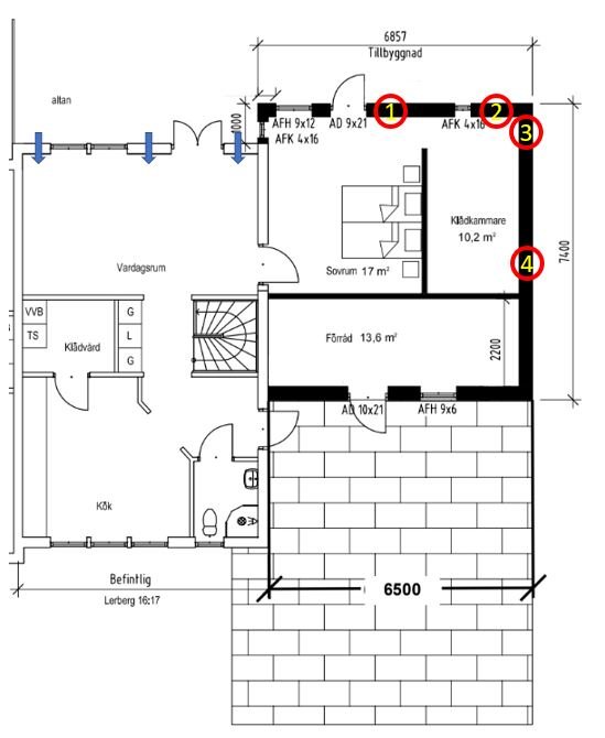 Ritning av tillbyggnad med markerade positioner 1 till 4 där tilluftsdon kan placeras.