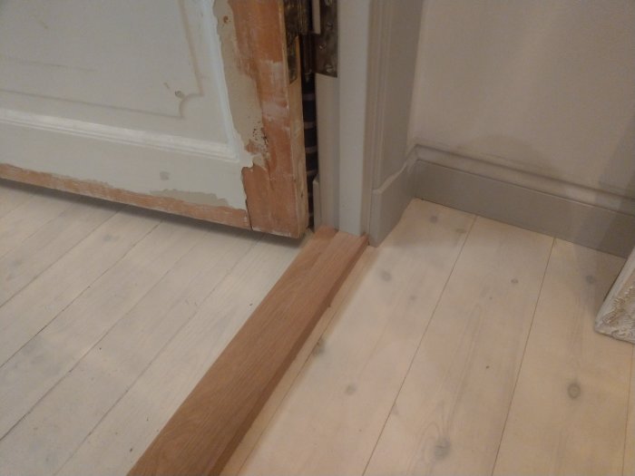 Tröskel som inte passar helt med dörrfodret på grund av en fals i dörrkarmen.