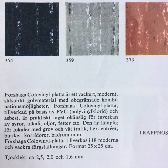 Tre olika färgprover av Forshaga Colovinyl-platta, ur en produktkatalog från 1963.