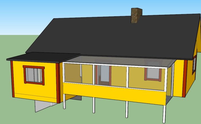 3D-modell av gult hus med planerat uterum, korrekt proportionerat med tak och fönster.