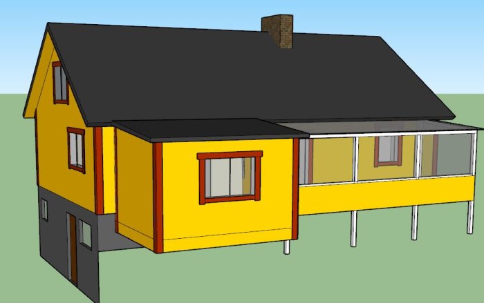 3D-modell av hus med uterum i gult och brunt, anpassat efter befintliga vinklar på byggnaden.