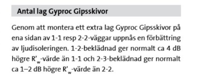 Utdrag ur dokument om Gyproc gipsskivor, beskriver förbättring av ljudisolering med extra skivlager.