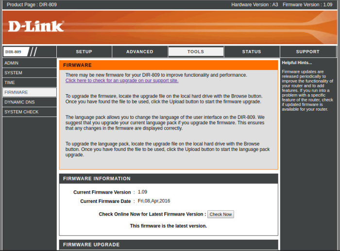 Skärmdump av D-Links router administrationsgränssnitt, firmware-sektionen som visar version 1.09 från april 2016.