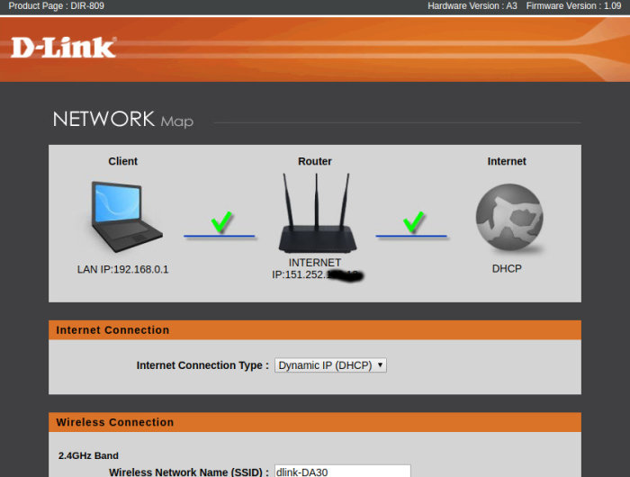 Skärmdump av D-Link router gränssnitt som visar nätverkskarta med anslutningsstatus och IP-adresser.