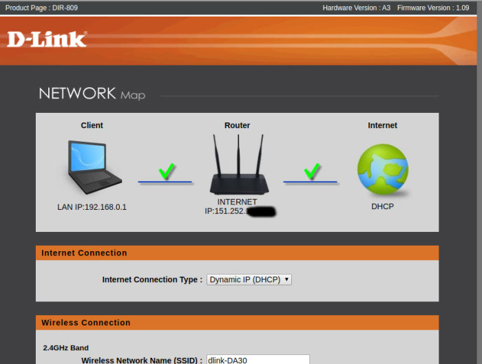 Skärmdump av D-Link routers gränssnitt med anslutningsstatus, LAN IP, och maskerad WAN IP.