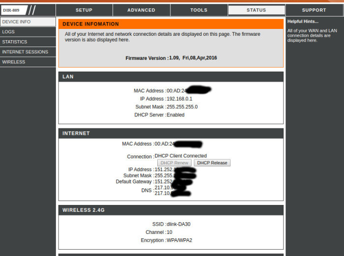 Skärmdump av router status med firmwareinfo, IP-adresser och anslutningsdetaljer, personuppgifter maskade.