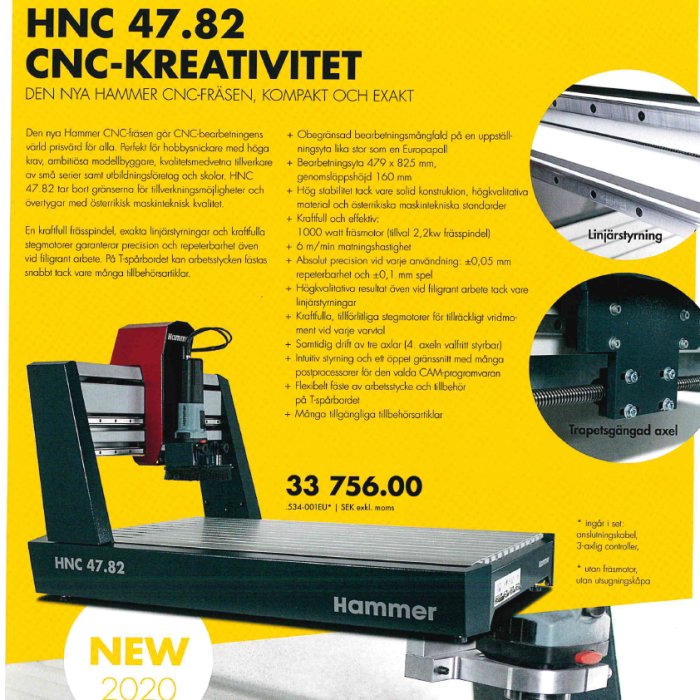 Reklambroschyr för Hammer CNC-fräs HNC 47.82 med specifikationer och pris, 33 756 kr exklusive moms.