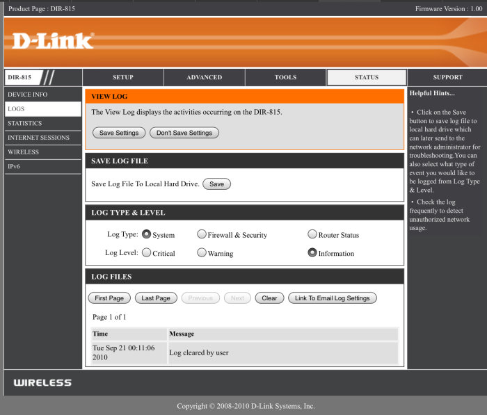 Skärmdump av D-Link router gränssnitt visar loggboksida med en aktivitet "Log cleared by user".