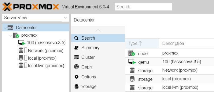 Skärmdump av Proxmox VE gränssnitt som visar VM och container-lista.