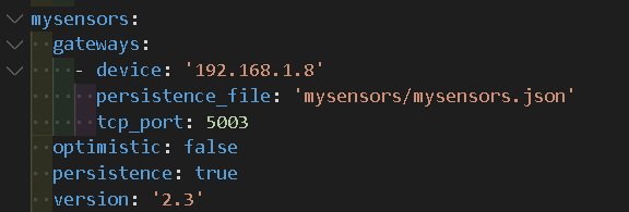 Skärmdump av konfigurationsfilen för hemautomationssystem med inställningar för MySensors gateway.