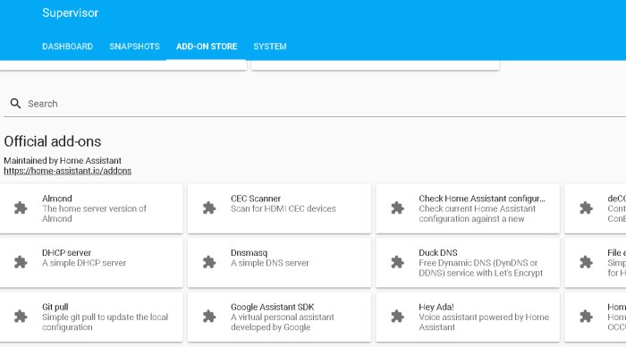Skärmdump av Home Assistant's Add-on Store med olika officiella tillägg såsom Almond, CEC Scanner och Google Assistant SDK.