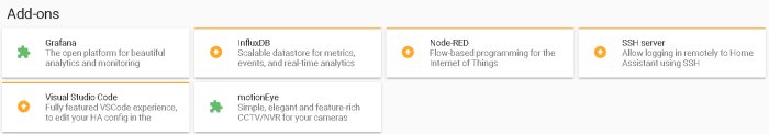 Skärmbild som visar Home Assistant Add-ons inklusive Grafana, InfluxDB, motionEye, Node-RED och SSH server.