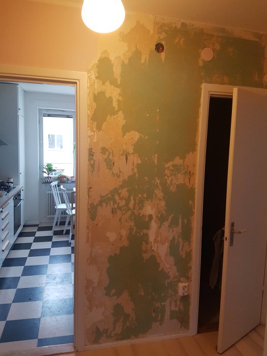 Hall med delvis nedriven tapet som avslöjar underliggande grönfärgad betongvägg och spackel.