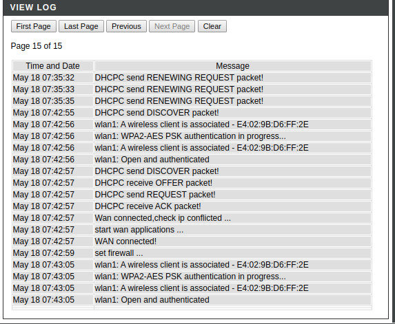 Skärmdump av en routers logg med tidsstämplar och DHCP-meddelanden, misstagen tid visas som "May 18 07".