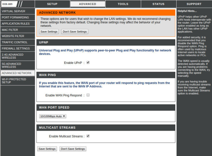 Skärmdump av en router inställningsmeny med avancerat nätverk och UPnP, WAN PING och Multicast Streams alternativ.
