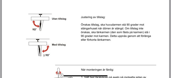 Instruktionsdiagram för att justera dörrtillslag, visar armarnas vinklar med och utan tillslag.