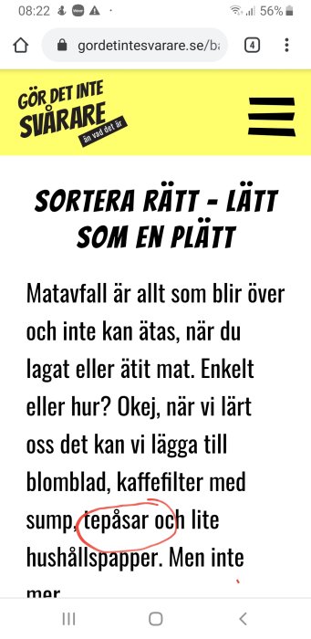 Skärmbild av en mobilwebbsida med text om avfallssortering och markerad text "te påsar".