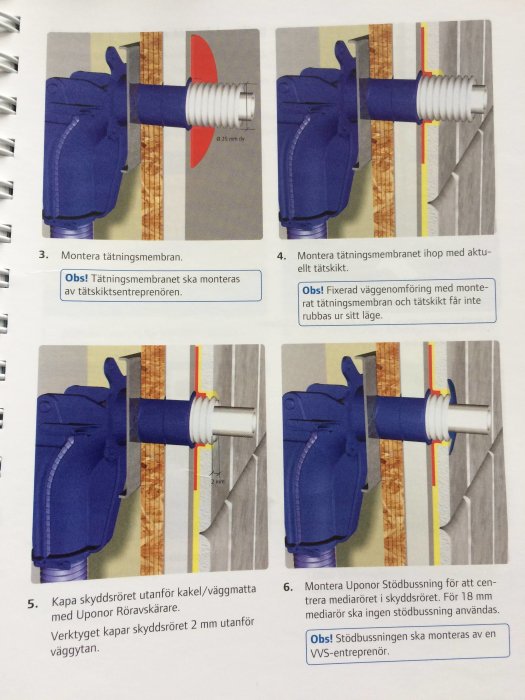 Instruktionsbilder som visar stegen för att montera en tätning och rör i en vägg med specifika verktyg och komponenter.