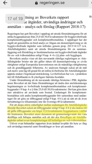 Skärmdump av Boverkets rapport om bygglovsbefriade åtgärder från regeringen.se med markerad text.