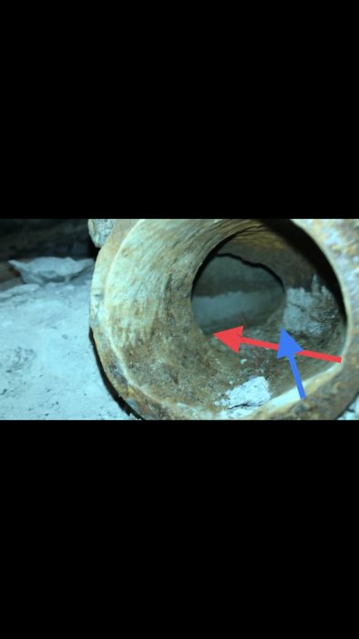 Avloppsrör med blå och röd pil som visar potentiell vattenflödesväg från en utböj.