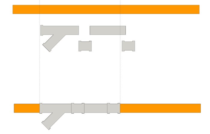 Schematisk illustration av rörkopplingar med skjutmuffar och gren för avloppsstam.
