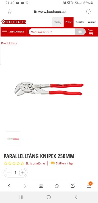 Parallelltång KNIPEX 250mm med röda handtag och stålkonstruktion, på en produktbild från Bauhaus webbplats.