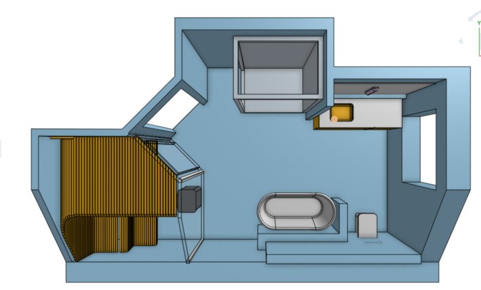 3D-ritning av badrumsplanlösning med bastu, dusch, badkar och kommod under snedtak.