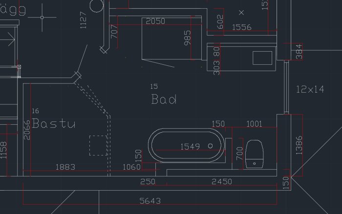 Ritning av ett badrum med bastu, badkar och kommod i en 1.5-plans lösvirkeshus planlösning.