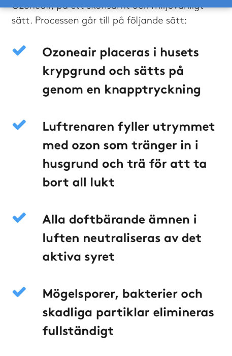 Skärmdump som visar information om användning av Ozonair för att neutralisera dofter i krypgrund.