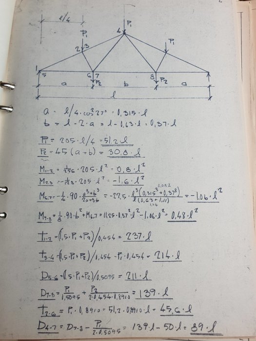 Handritad teknisk skiss av takstolar med matematiska beräkningar och dimensioneringar.