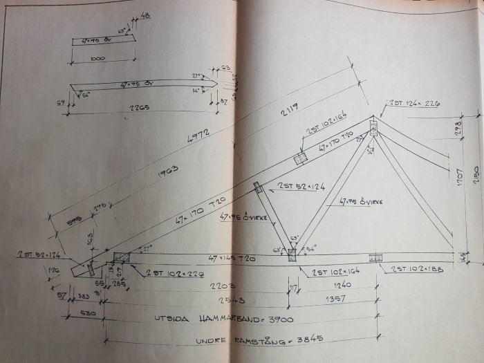 Ritning av takstolskonstruktion med mått och vinklar.