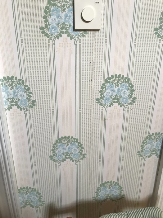 Retro tapet med blåa blommönster och vertikala linjer, dimmerströmbrytare till höger.