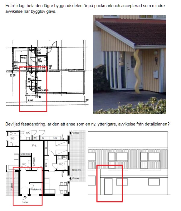 Arkitektoniska ritningar och foto av kontorsbyggnadens entré som ska byggas igen, markerad i rött.