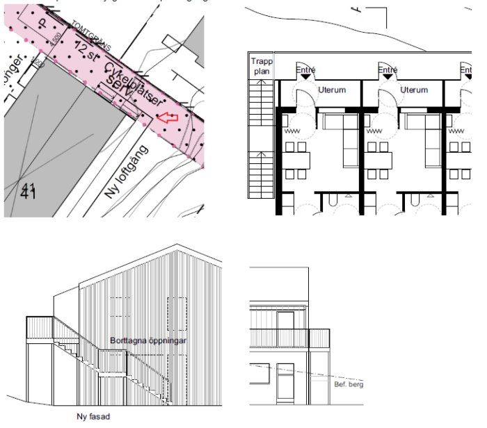 Arkitektritningar som visar planlösning och fasadändring för omvandling av kontor till lägenhetshotell.