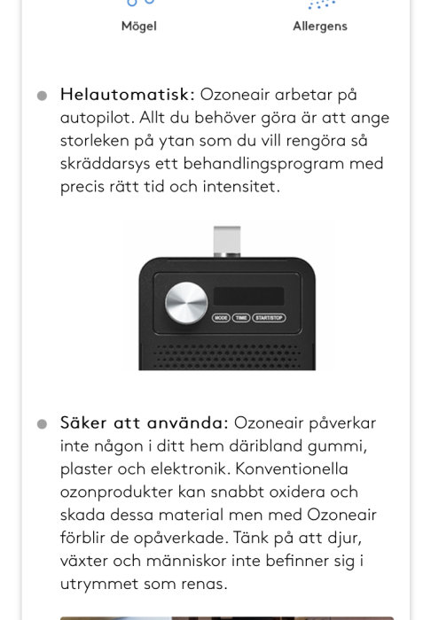 Skärmdump av en produktbeskrivning för en Ozonair-enhet med kontrollpanel och knappar för mode, tid och start/stopp.