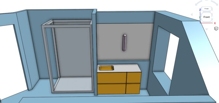 3D-ritning av ett badrum med 120cm kommod och full längds spegel mellan väggar.