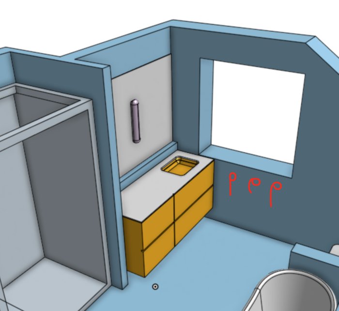 3D-modell av ett badrum med 150cm kommod och uppmärkt plats för handdukar under ett fönster.