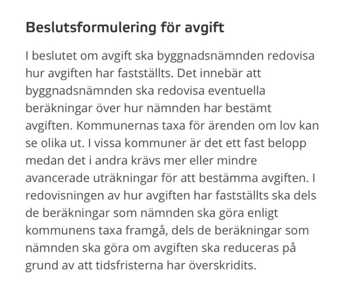 Textdokument med rubriken "Beslutsformulering för avgift" som beskriver hur byggnadsnämndens avgifter fastställs och redovisas.