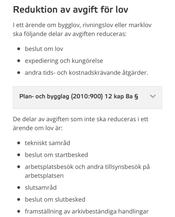 Skärmdump av text som listar vilka delar av en bygglovsavgift som kan reduceras enligt Plan- och bygglagen.