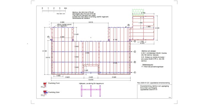 Ritning av en träkonstruktion med måttangivelser, detaljer för bjälklag, stolpar och överhäng.