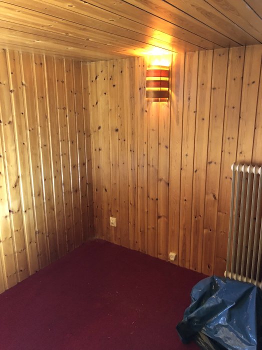 Gammal gillestuga med furupanel på väggar och i tak, röd heltäckningsmatta på golvet, och radiator.