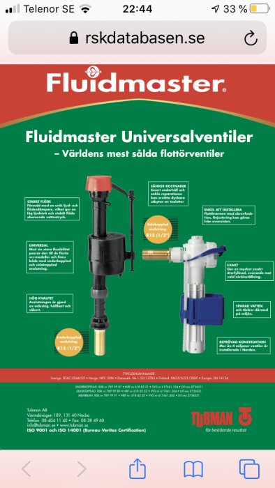 Annons för Fluidmaster Universalventiler med illustration av flottörventil och dess fördelar, såsom stabilt flöde och enkel installation.